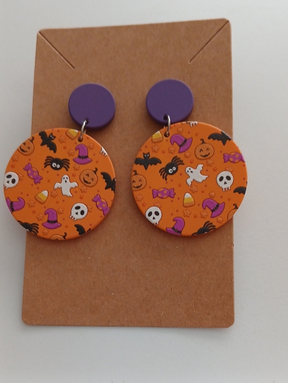 Fashion Jewelry Orange & Purple Halloween Motif Dangle Earrings - Picture 2 of 3
